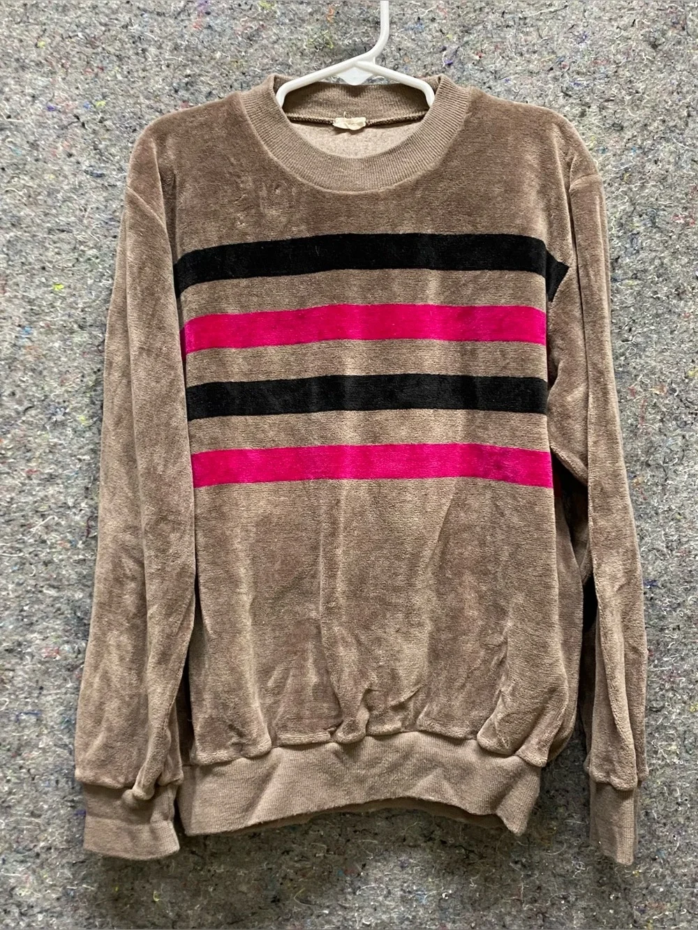 Retro Velour Sweatshirt Brown Kids Youth L-XL 70s/80s Pink/Black Stripes Crew